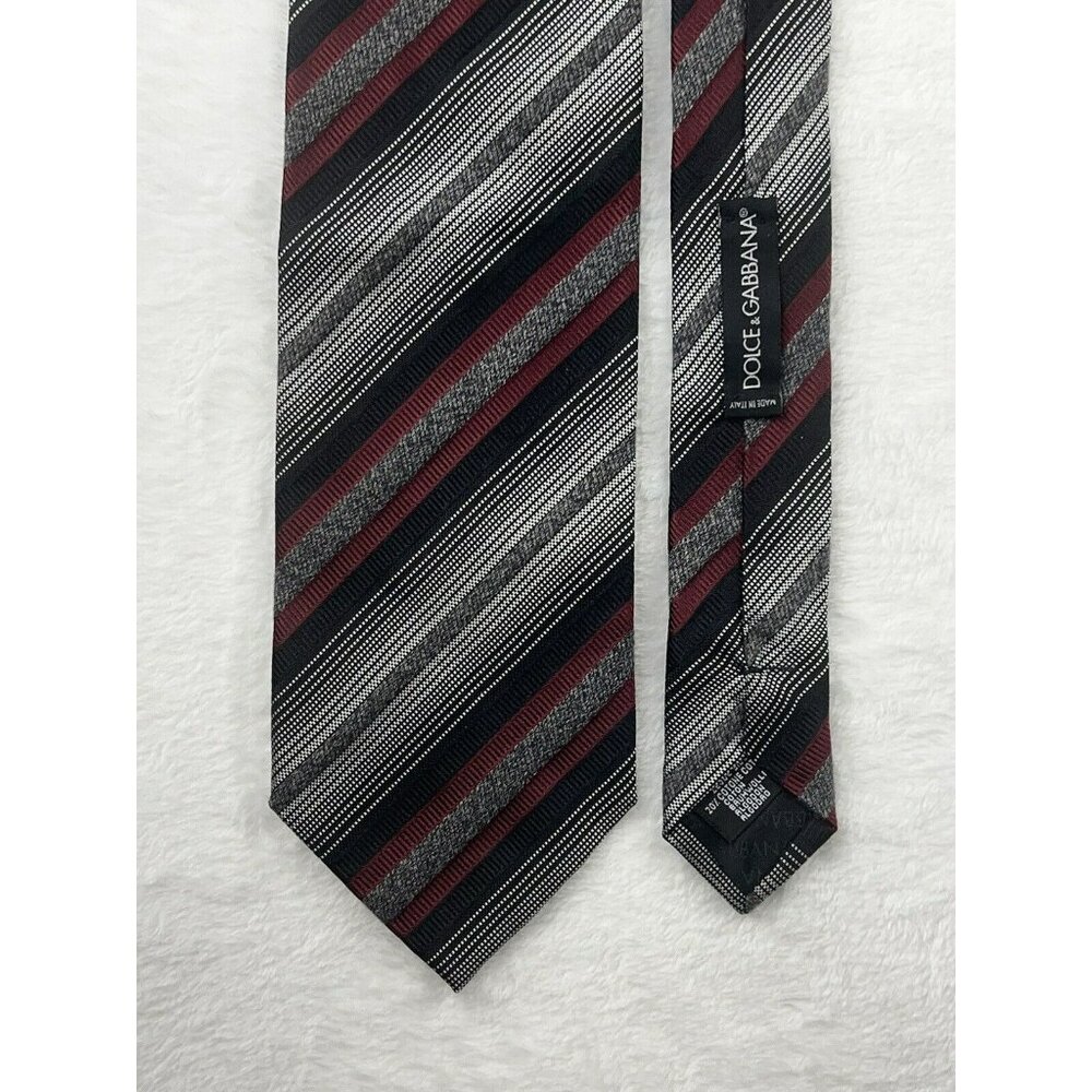 NWOT Dolce & Gabbana Black Red Gray Stripe Thick Silk & Cotton Tie 3 3/4 x 59